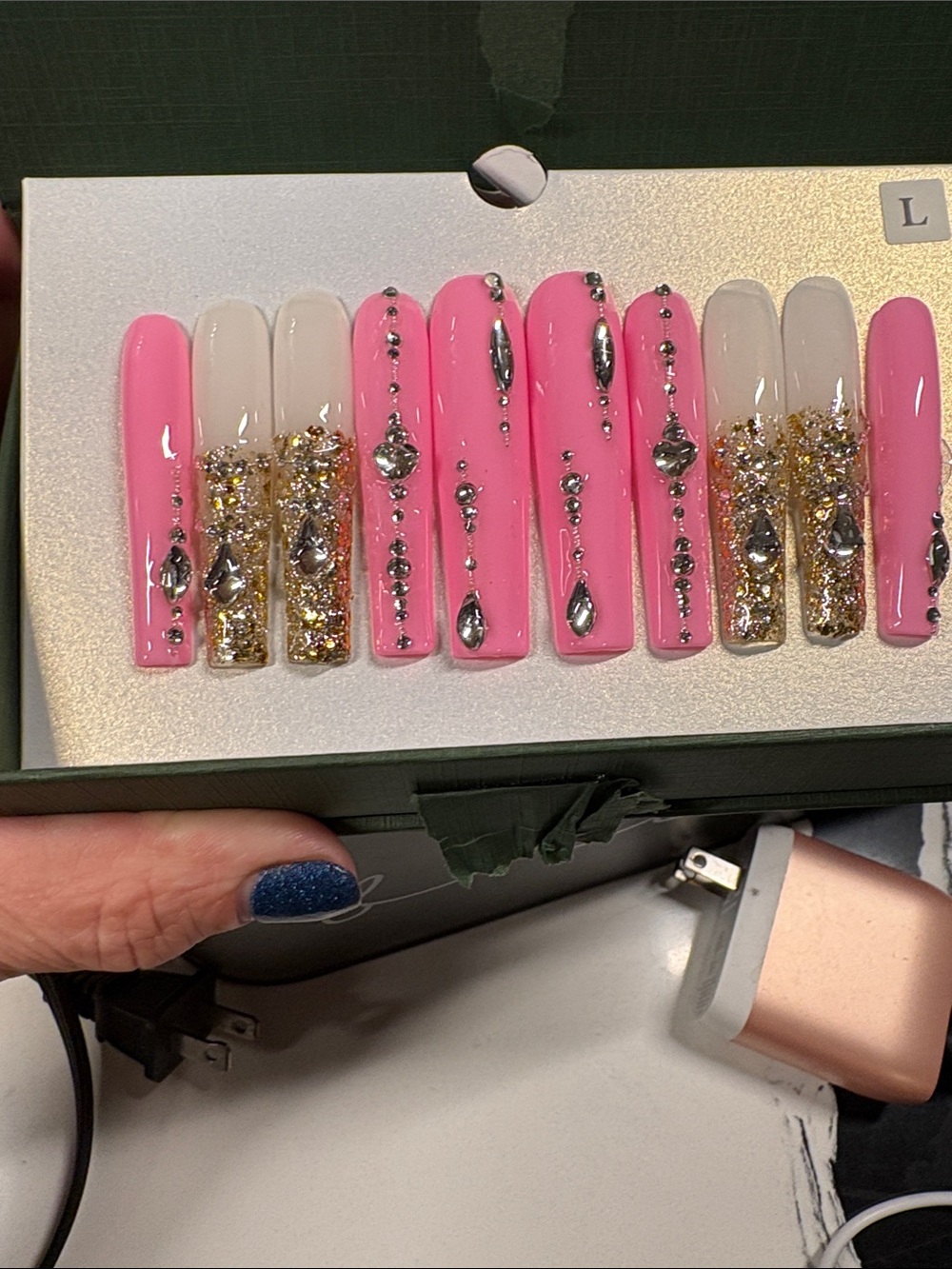 Pink & Gold Rhinestone Full-Cover Press-On Nails by